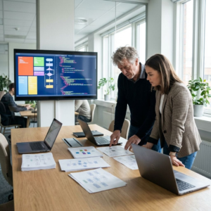 To medarbejdere i et moderne kontor vurderer AI-workflows ved laptops og en skærm med kodeagtige visualiseringer.