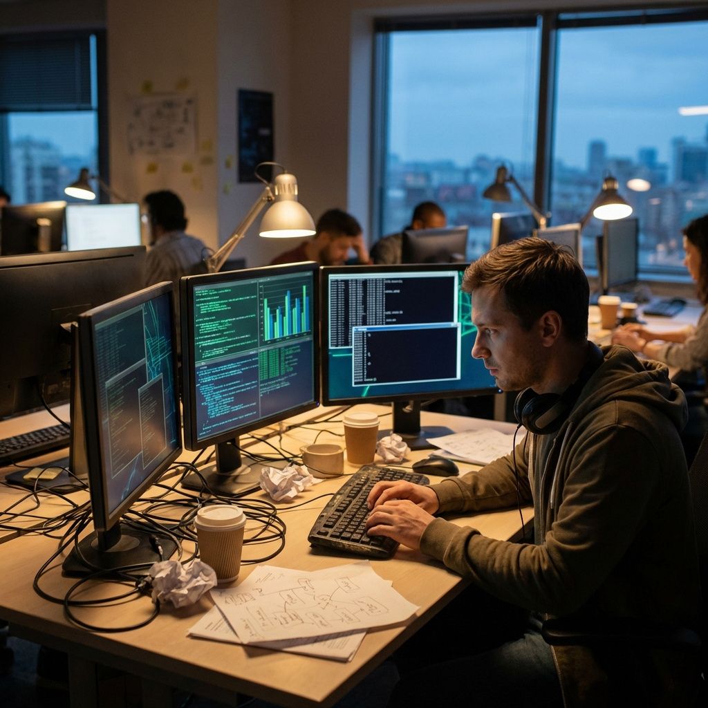 En udvikler tester kode og AI-agentforløb ved et arbejdsbord med flere skærme.