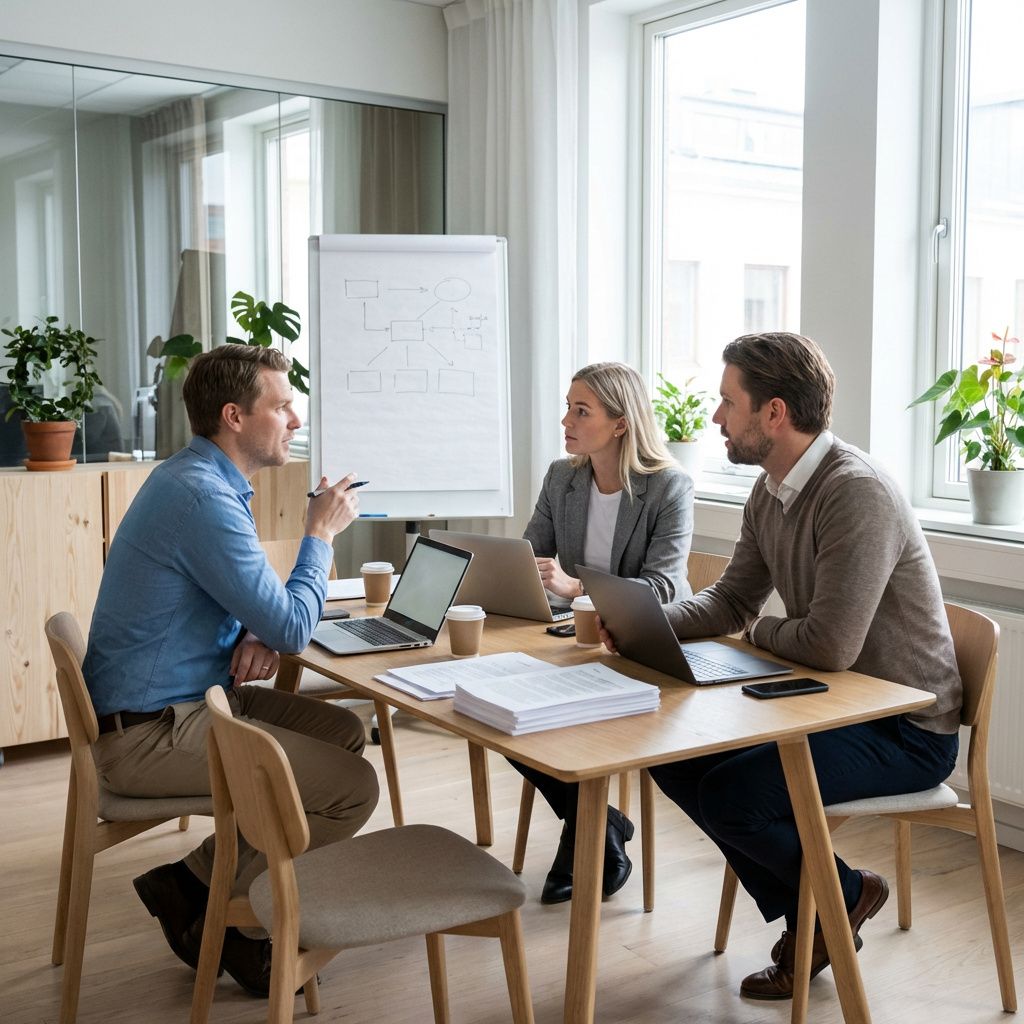 Tre medarbejdere diskuterer valg af AI-løsning i et mødelokale.