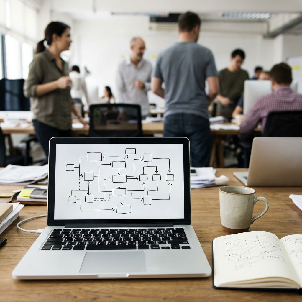En bærbar computer viser et komplekst workflow med flere parallelle forbindelser på et kontor.