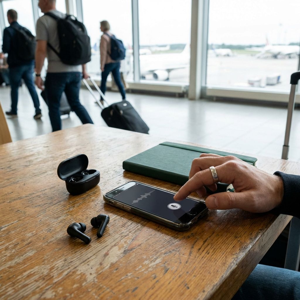 iPhone klar til diktering på farten ved siden af notesbog og høretelefoner.