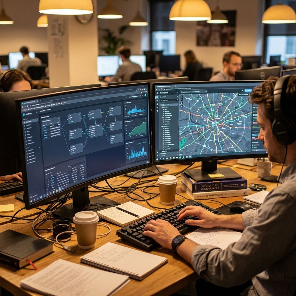 En udvikler arbejder ved to skærme med dataflows og kortvisning i et kontormiljø.