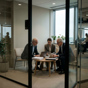Tre medarbejdere i et møderum diskuterer digital sikkerhed og risikostyring ved computere og papirer.