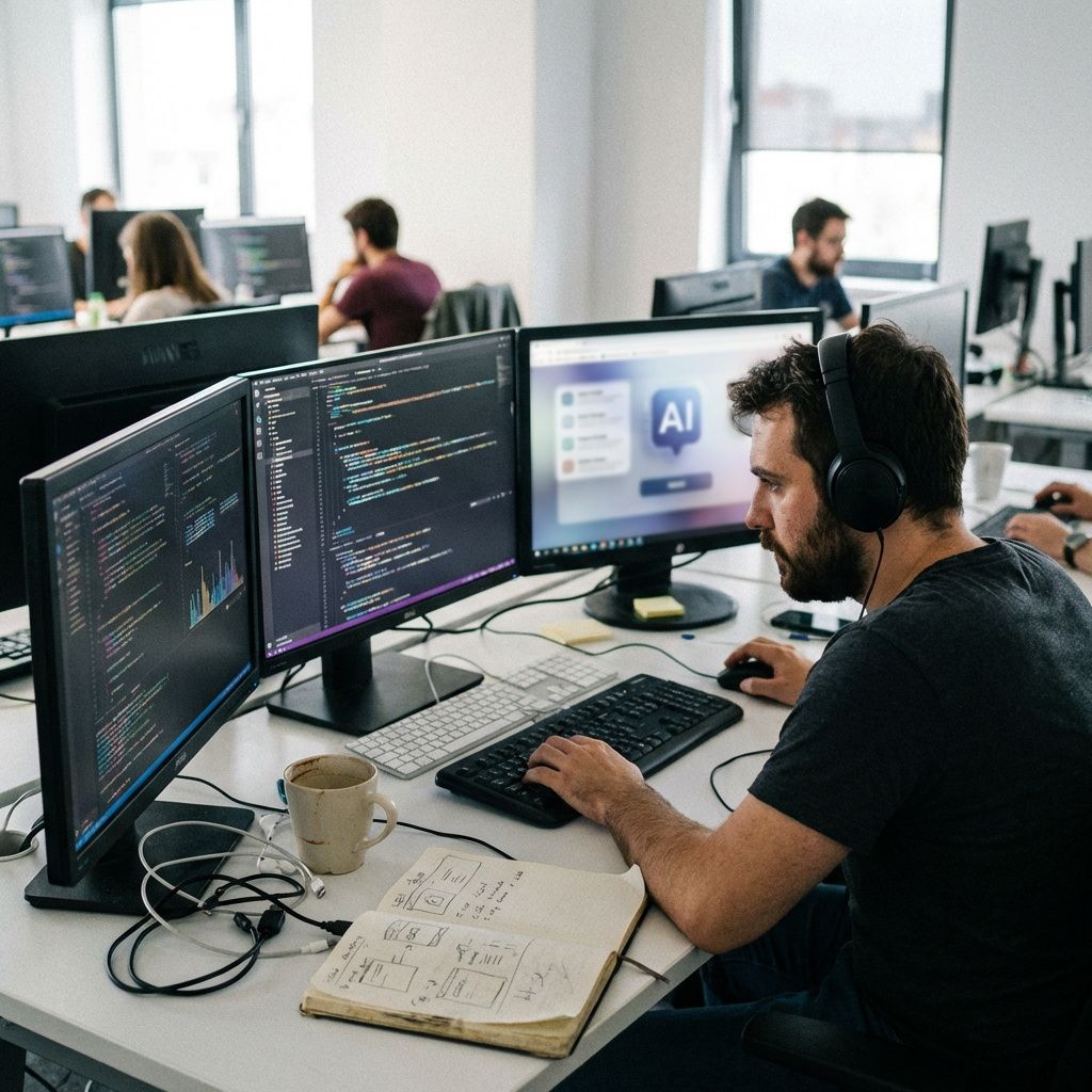Softwareudvikler arbejder med AI-assistance ved flere skærme i et kontormiljø.