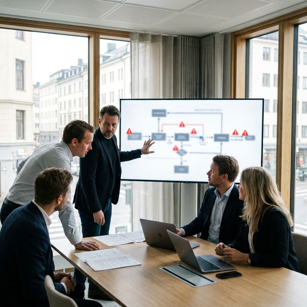 Ledelsesgruppe diskuterer governance og integration for AI i et mødelokale.