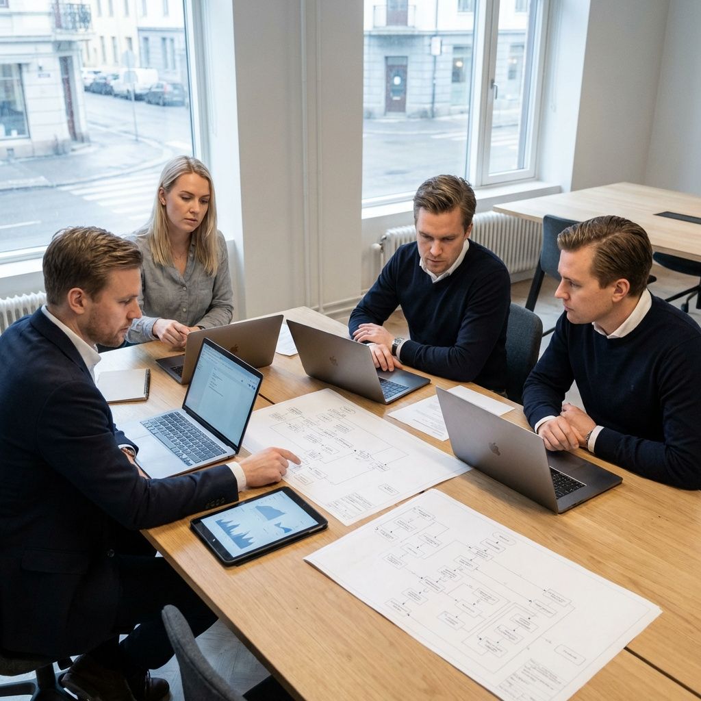 Et produktteam gennemgår sikkerhedsprocesser omkring et bord med computere og dokumenter.