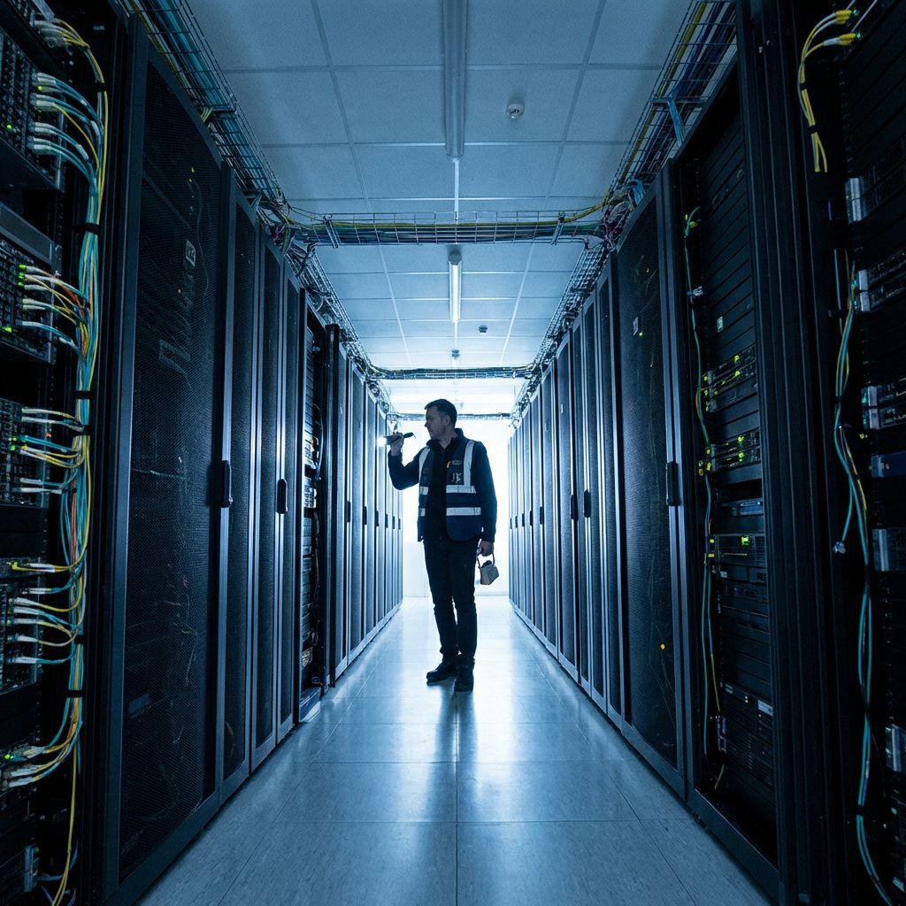 Tekniker i et datacenter som understreger den tunge infrastruktur bag store AI-modeller