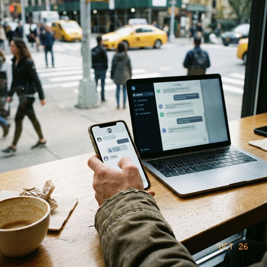 Mobil og computer med AI-assistent i brug i en hverdagssituation