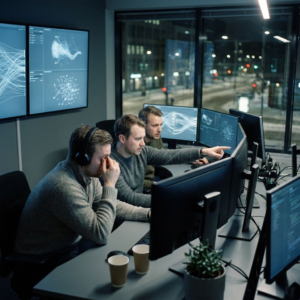 Sikkerhedsanalytikere i et operationscenter overvåger mistænkelig netværkstrafik på flere skærme