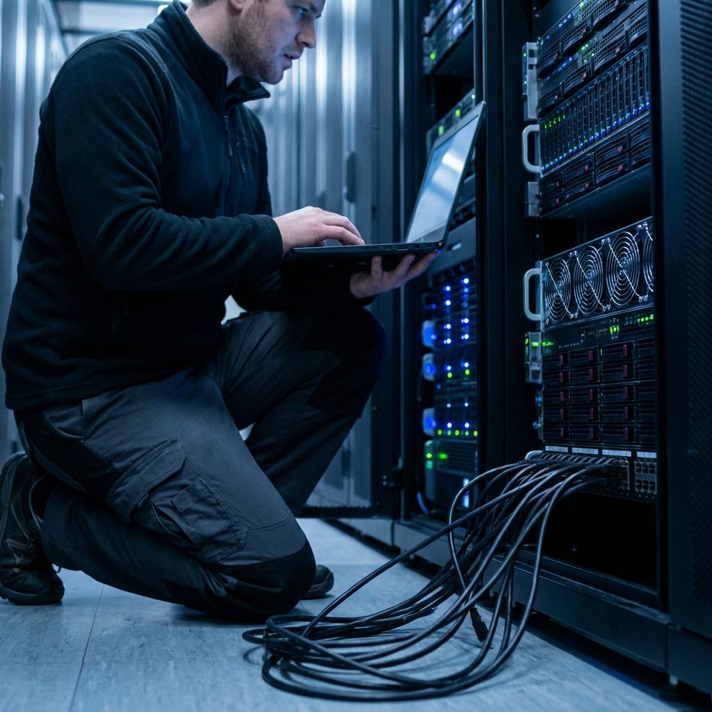 Tekniker arbejder foran serverracks i et datacenter under sikkerhedsgennemgang
