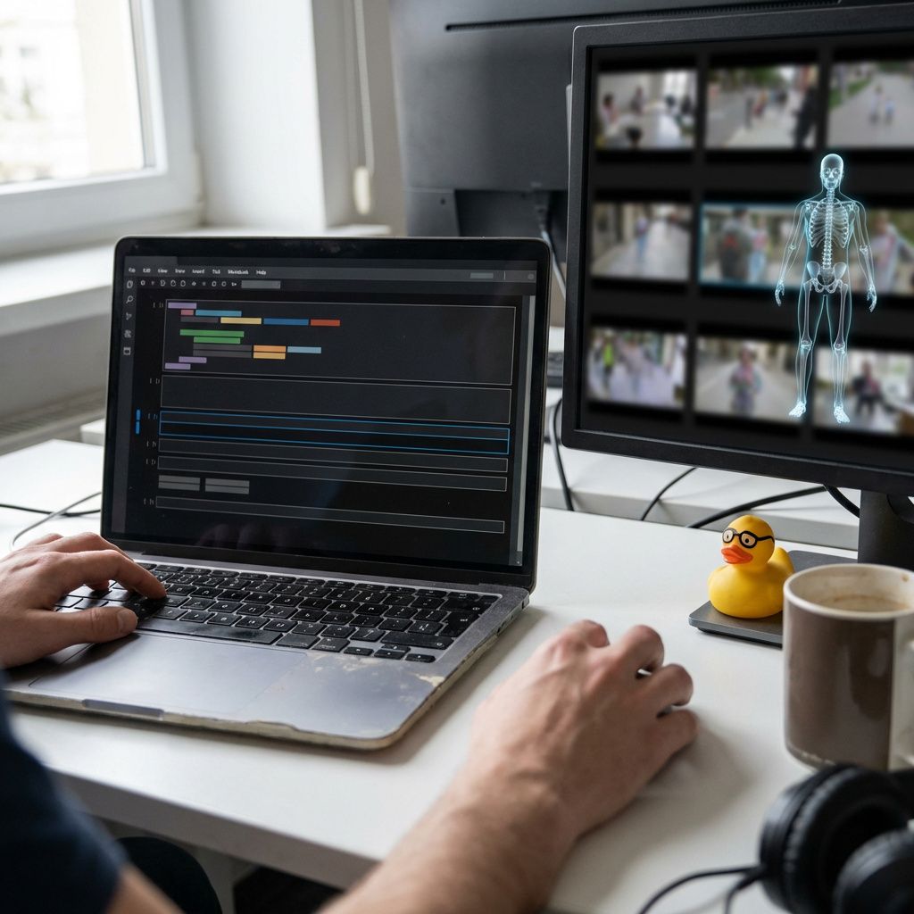 En bærbar computer viser et notebook-baseret workflow til poseestimering og analyse af video