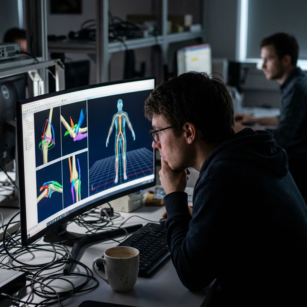 En analytiker gennemgår 3D-ledbaner og en digital menneskemodel på en stor skærm