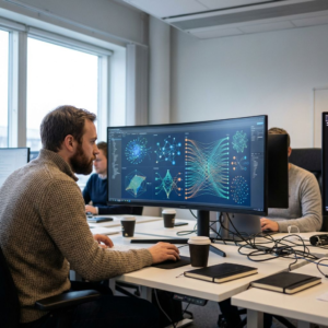Analytiker foran skærm med simulation af et økonomisk system og AI-agenter på et kontor