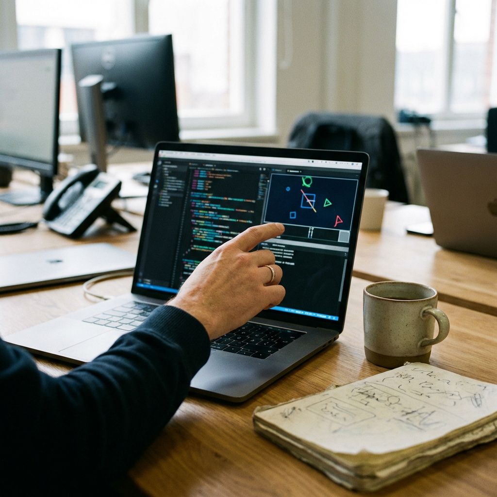 Nærbillede af laptop med kode og simulationsværktøj på et skrivebord