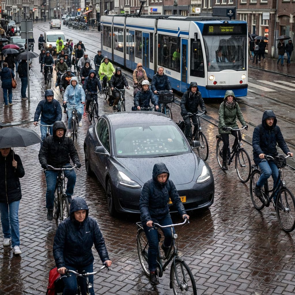 Kompleks bytrafik i Holland med elbil blandt cyklister og øvrige trafikanter