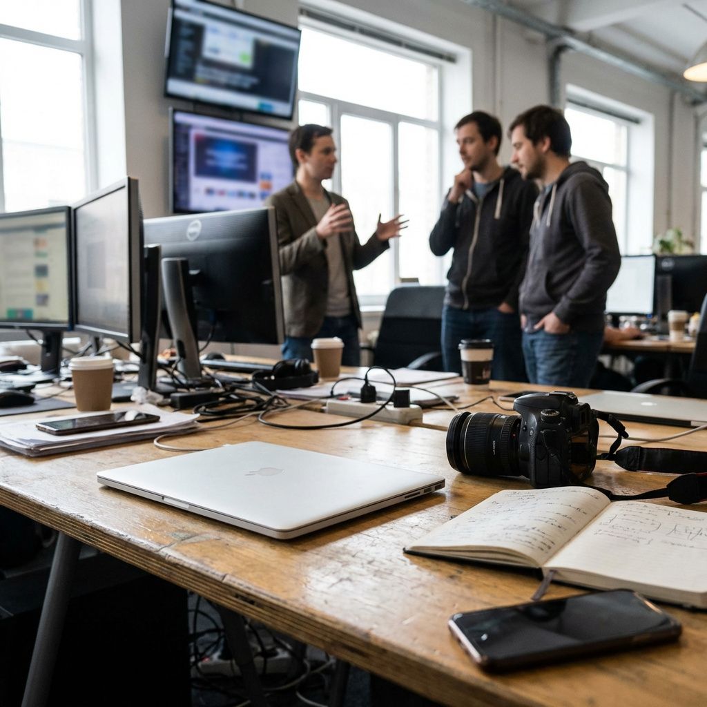 Reporterarbejdsplads i en tech-redaktion med udstyr og noter