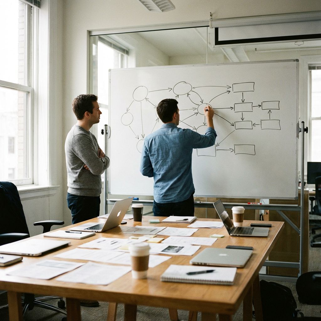 Workshop om økonomisk model med skitser af regler og flows på whiteboard