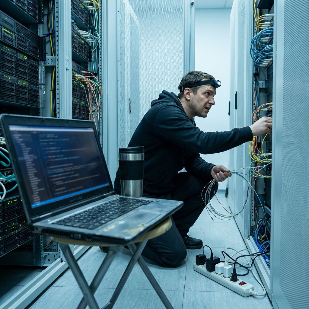 Ingeniør arbejder i et datacenter ved udstyr, der symboliserer en samlet og sårbar runtime.