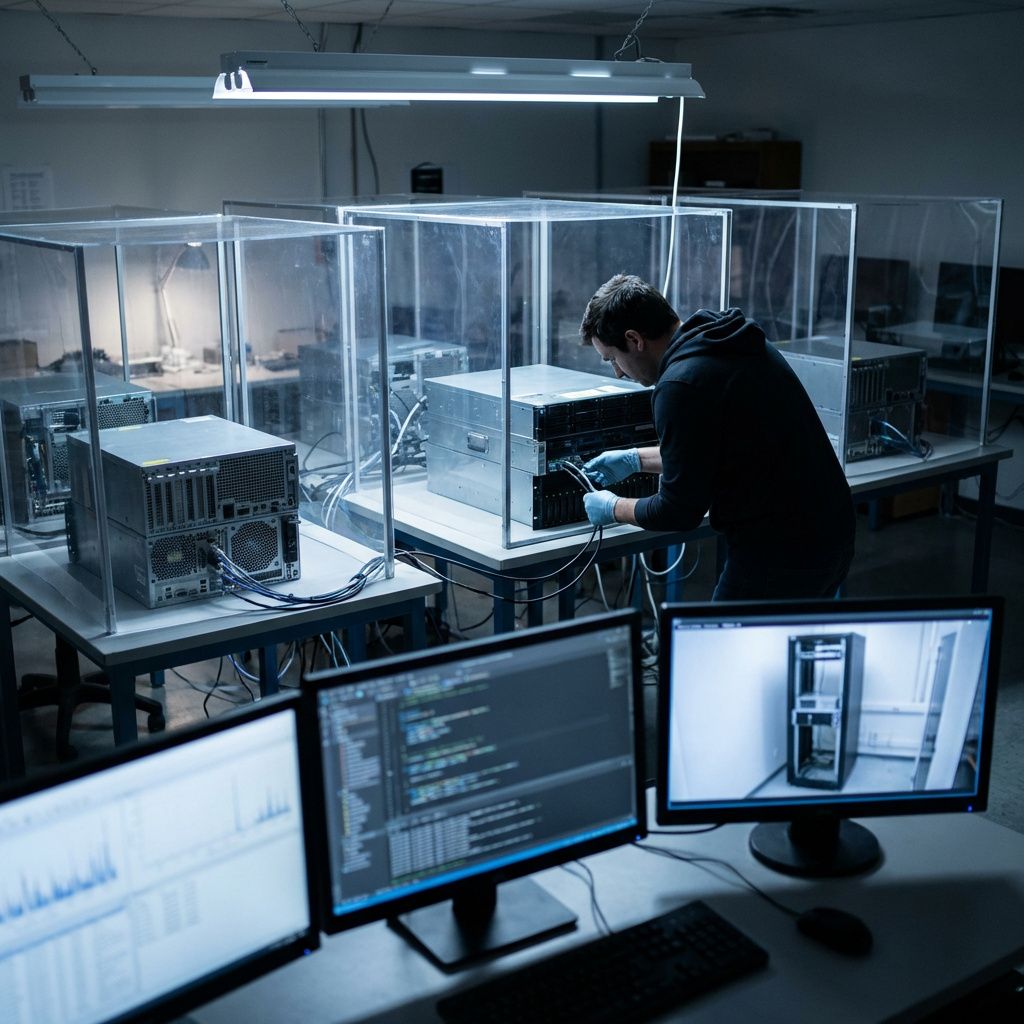 Tekniker overvåger en segmenteret compute-opsætning, der illustrerer isolering og begrænset blast radius.
