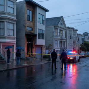 Politi foran et afspærret byhus i San Francisco om aftenen efter et brandangreb.