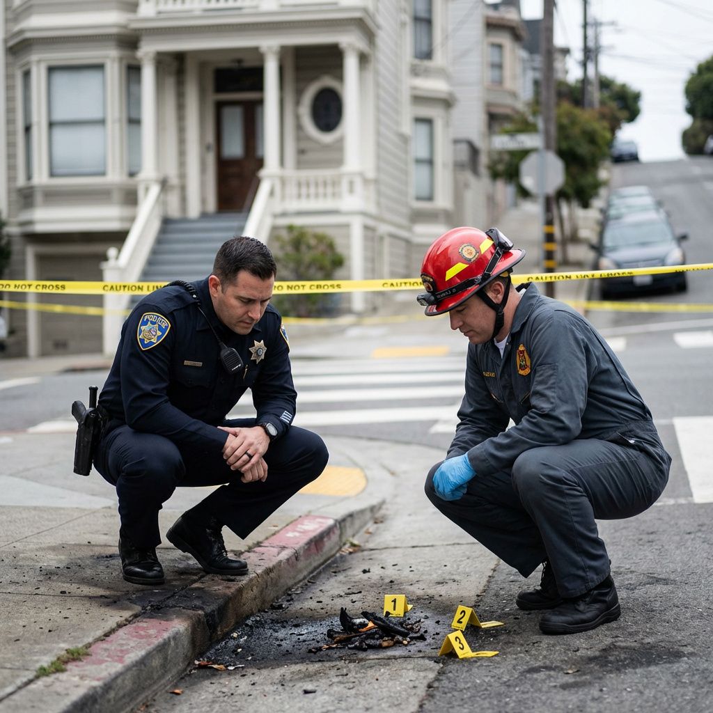 Efterforskere arbejder ved et afspærret område foran en bolig i San Francisco.