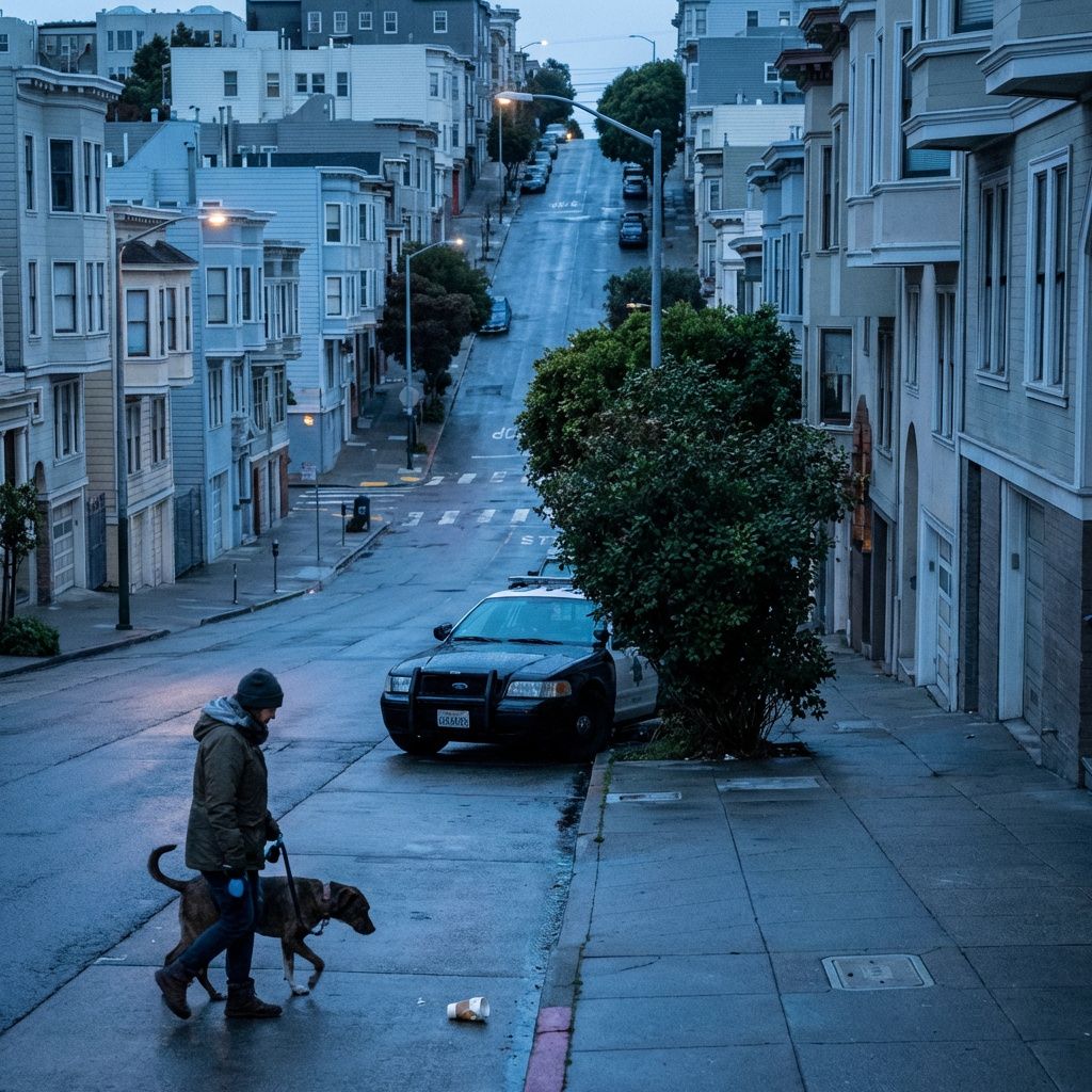 Boligkvarter i San Francisco ved skumring med politi til stede i baggrunden.
