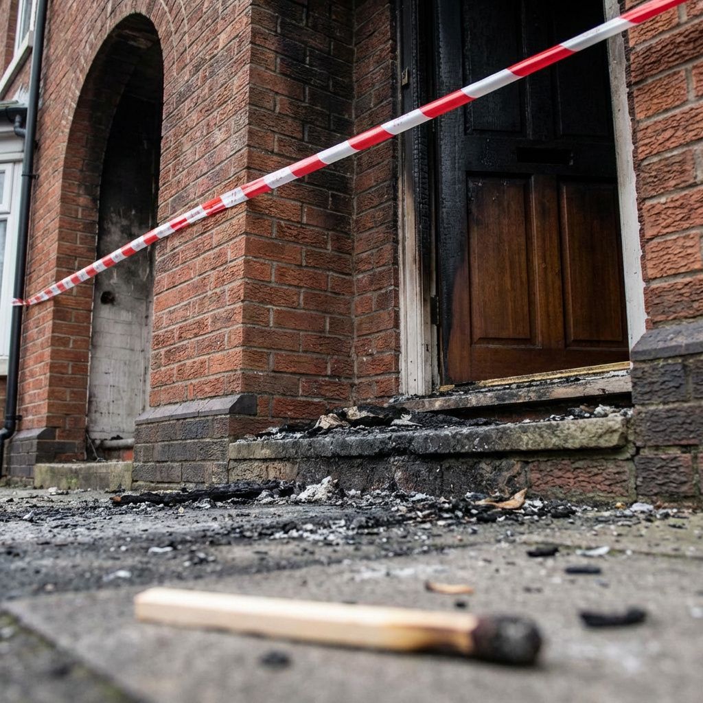 Nærbillede af afspærring og mindre brandskader ved en boligindgang.