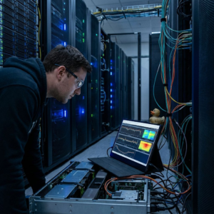 Ingeniør ved GPU-servere i et datacenter, mens inferensydelse overvåges på en skærm