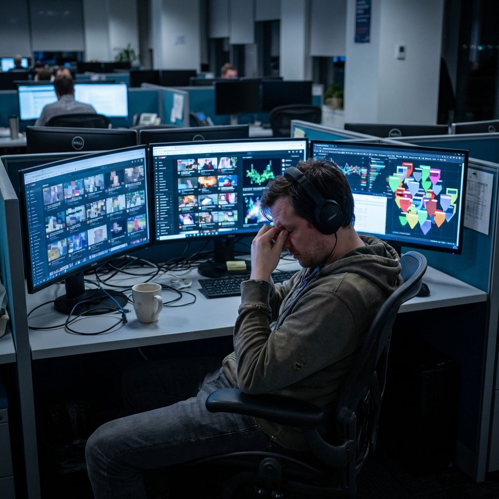 En analytiker arbejder med video- og billedanalyse på flere skærme i et kontormiljø.