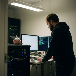 IT-arkitekt ved workstation og serverudstyr i et nordisk kontormiljø, som illustrerer lokal og sikker drift af AI-agenter.