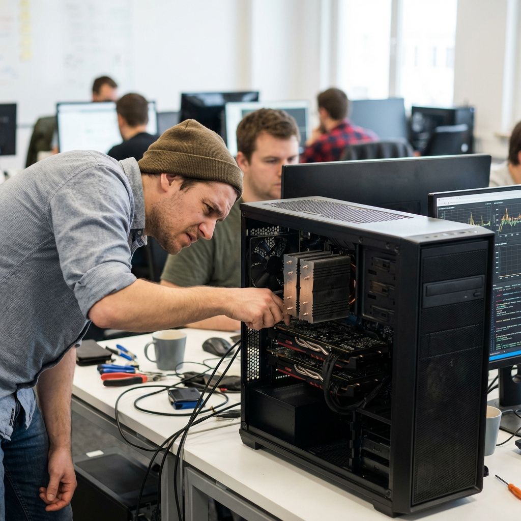 Udvikler ved workstation med kraftig hardware til AI-inference og performance-test