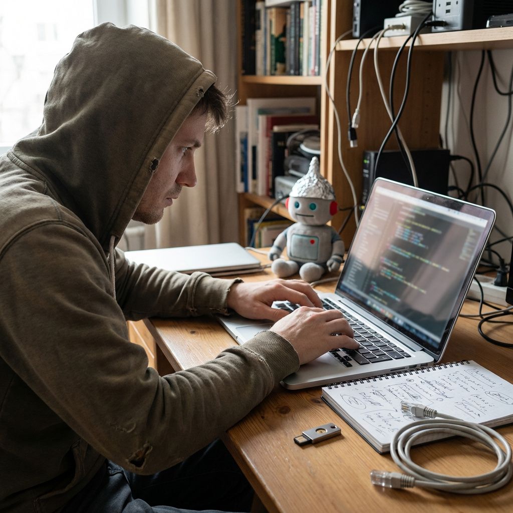 Udvikler ved bærbar computer i gang med at sætte en lokal AI-agent op i et lille kontor- eller labmiljø.