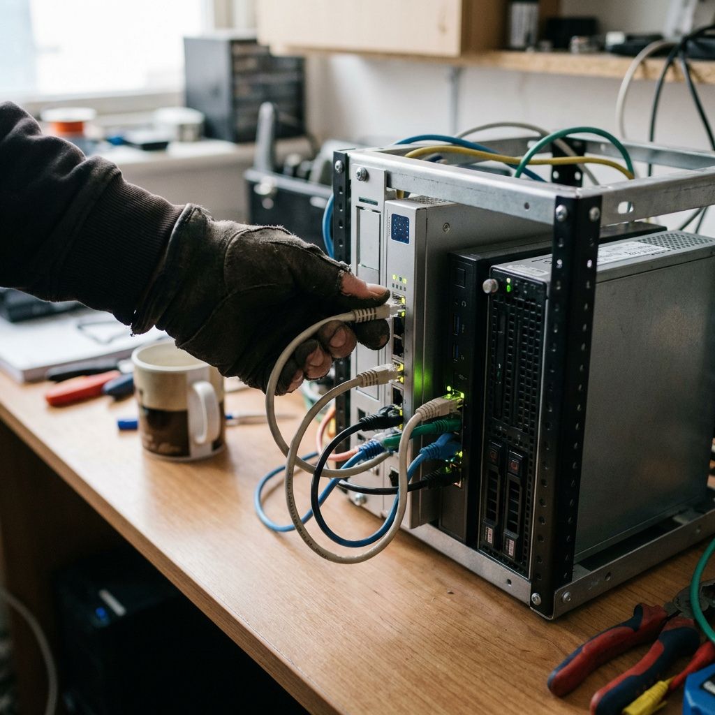 Nærbillede af lokal netværks- og serverinfrastruktur, der illustrerer afgrænset og sikker agentdrift.