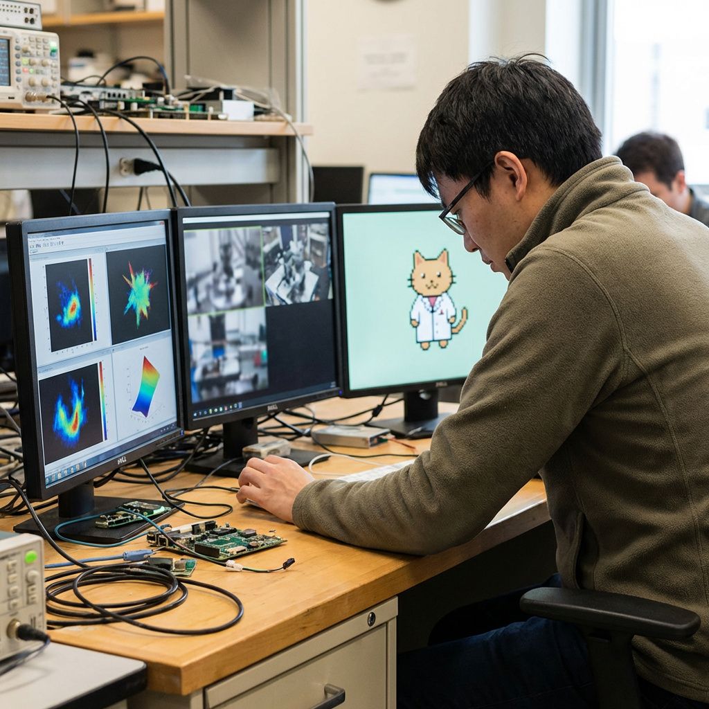 En forsker arbejder ved flere skærme med et videobaseret interface i et laboratoriemiljø.