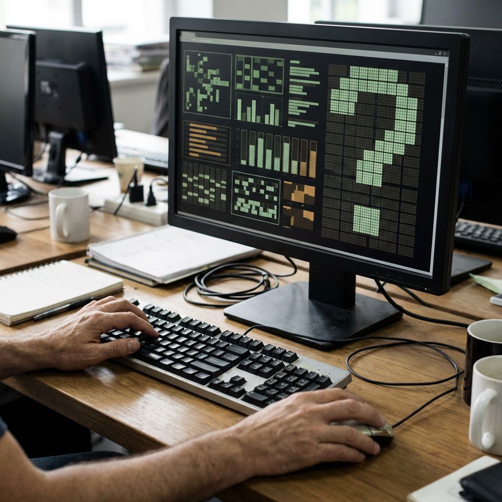 Nærbillede af hænder ved tastatur foran en skærm med terminal-lignende interface.