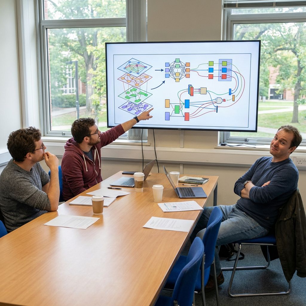 Tre forskere diskuterer foran en skærm med abstrakte visualiseringer af neurale systemer og hukommelse.