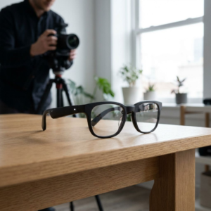 Realistisk pressefoto af moderne smart glasses på et bord uden synlig skærm