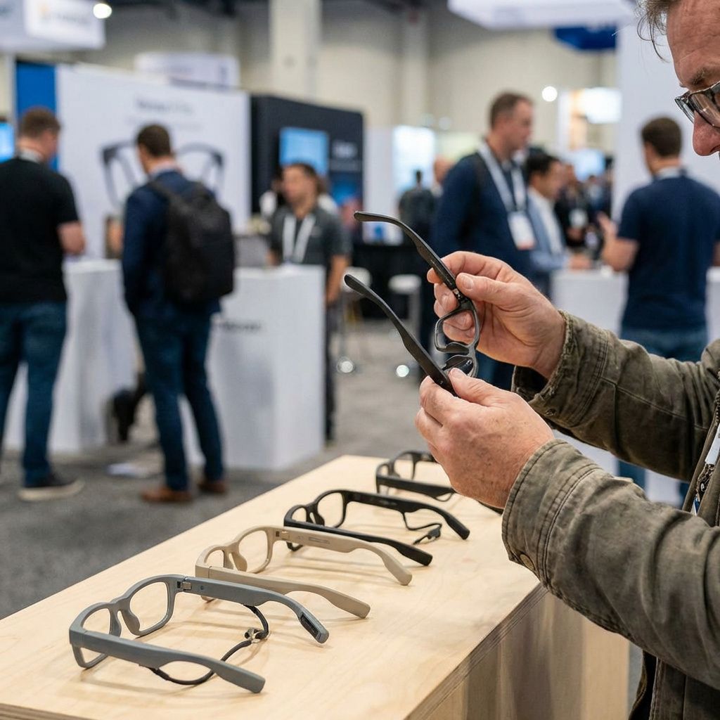 En person ser på flere prototype-lignende smart glasses med forskellige stelformer