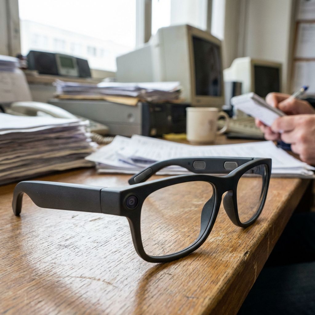Nærbillede af et smart glasses-stel med diskrete indbyggede sensorer og kamera