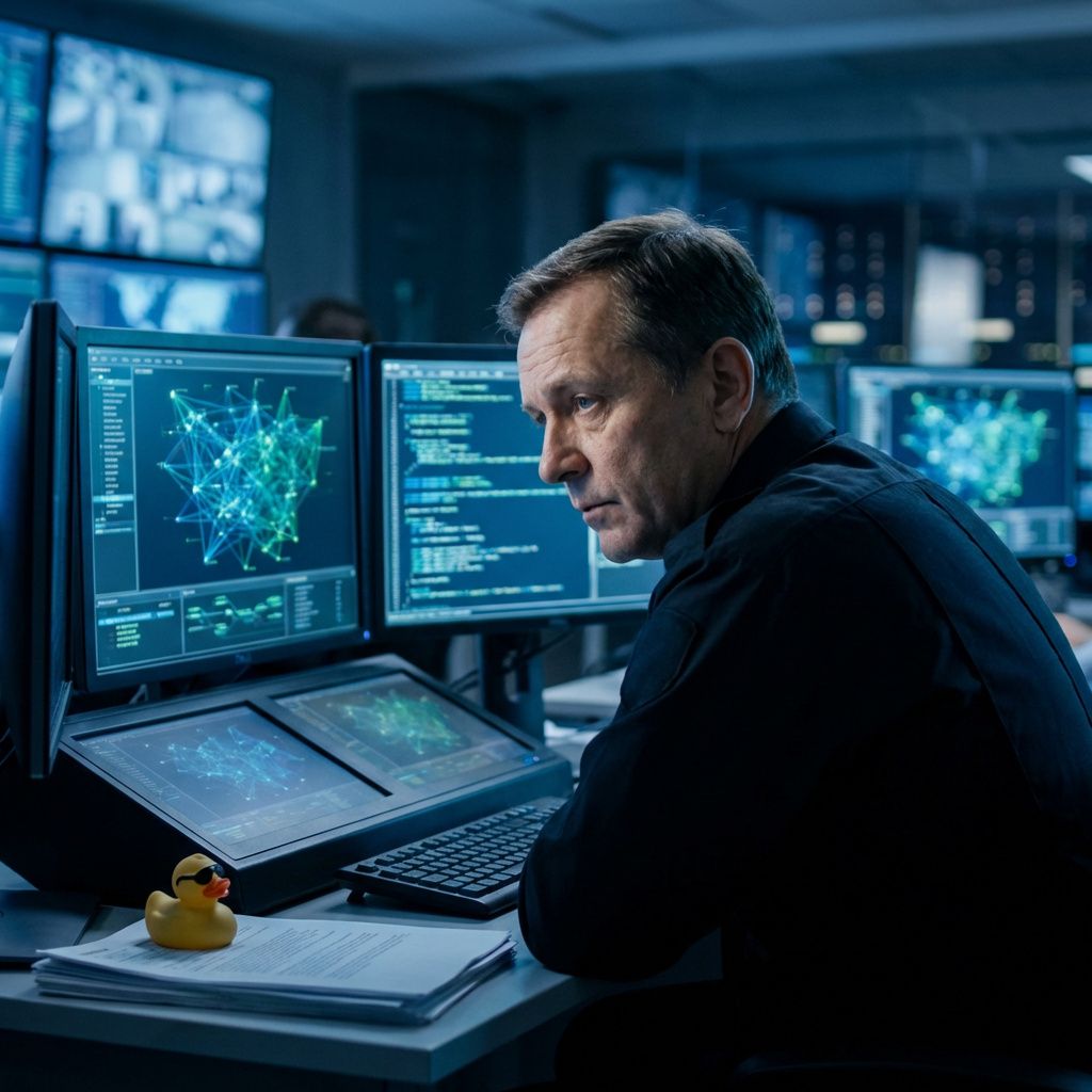 Sikkerhedsmedarbejder i et overvågningsrum analyserer digitale trusler.