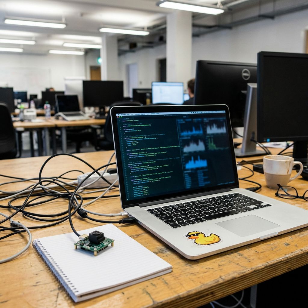 Bærbar computer med kodeopsætning i et udviklingsmiljø ved siden af kameramodul og notesbog.