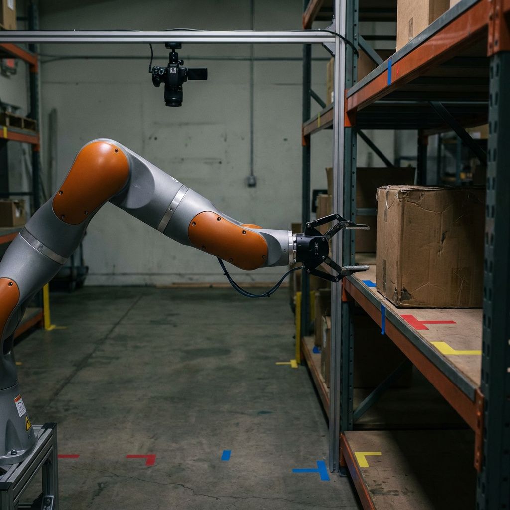 Robotarm i et lagerlignende testmiljø på vej mod en kasse under kamerabaseret styring.