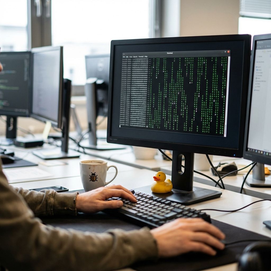 Nærbillede af hænder på tastatur foran en terminalskærm i brug.