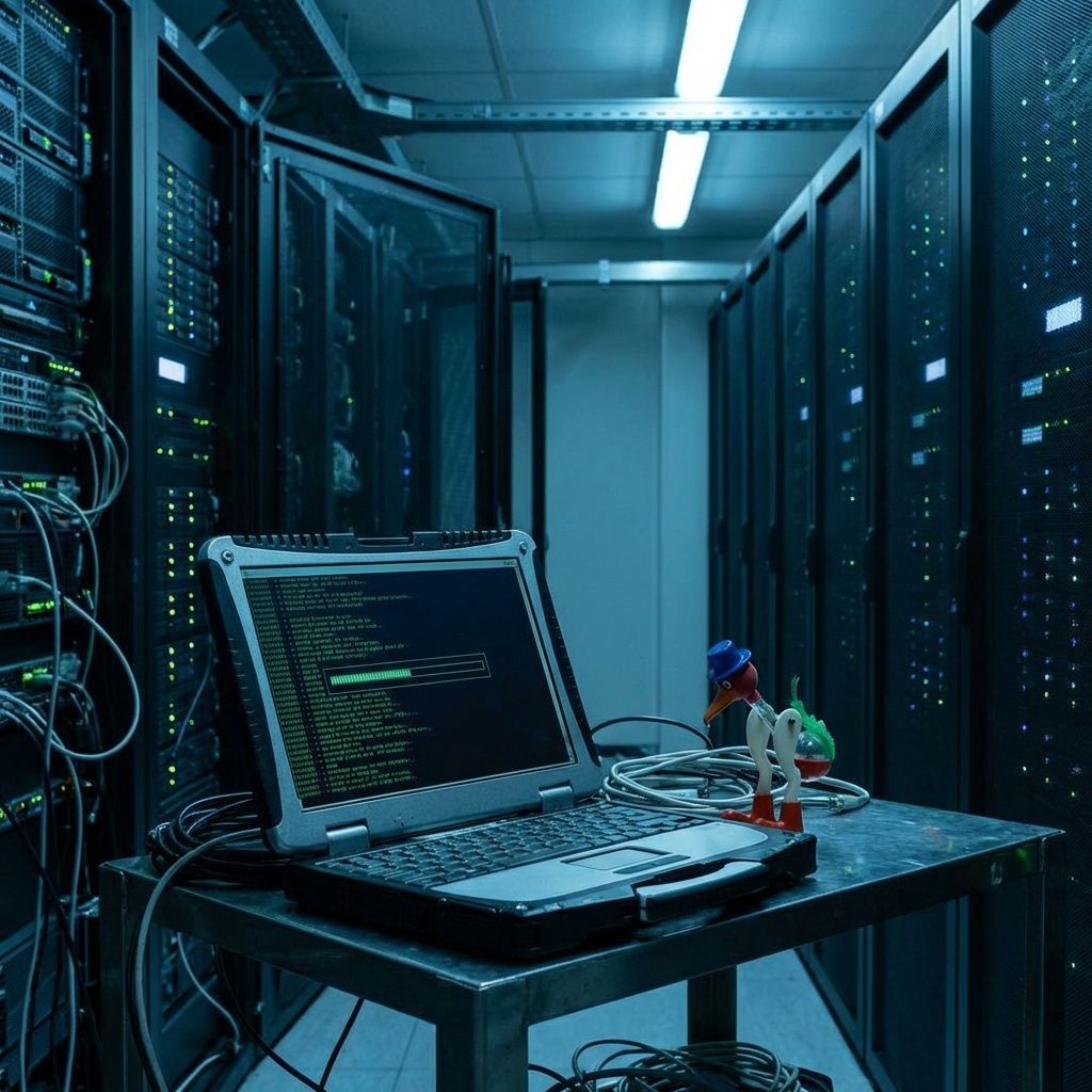 Laptop med terminal foran serverrack, som illustrerer drift og automatisering med AI-værktøjer.