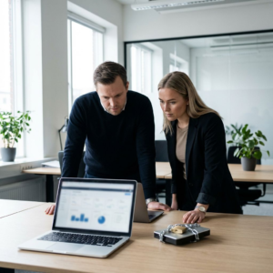 It-sikkerhedsmedarbejdere gennemgår lokal AI-kørsel på en bærbar computer i et kontormiljø.