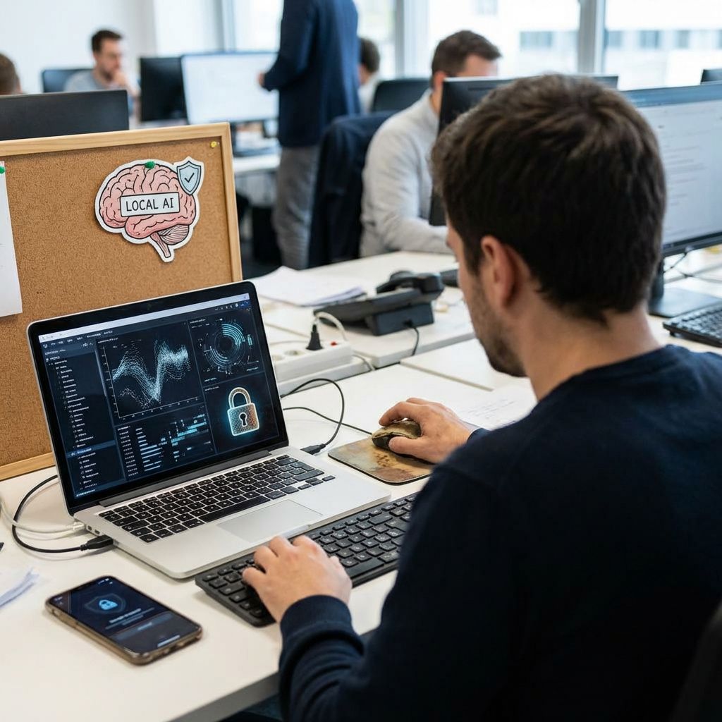 En medarbejder arbejder ved en bærbar computer, hvor AI-opgaver kan køre lokalt på enheden.