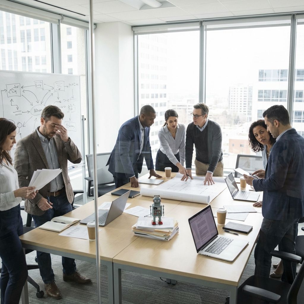 Medarbejdere fra it og compliance drøfter governance og audit for AI på medarbejdernes enheder.