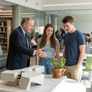 En dekan taler med studerende i et moderne universitetsmiljø med fokus på uddannelse i AI-tiden.