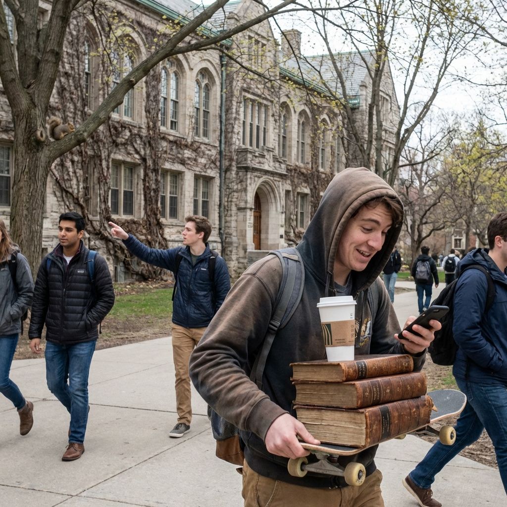 Studerende bevæger sig mellem bygninger på en universitetscampus.