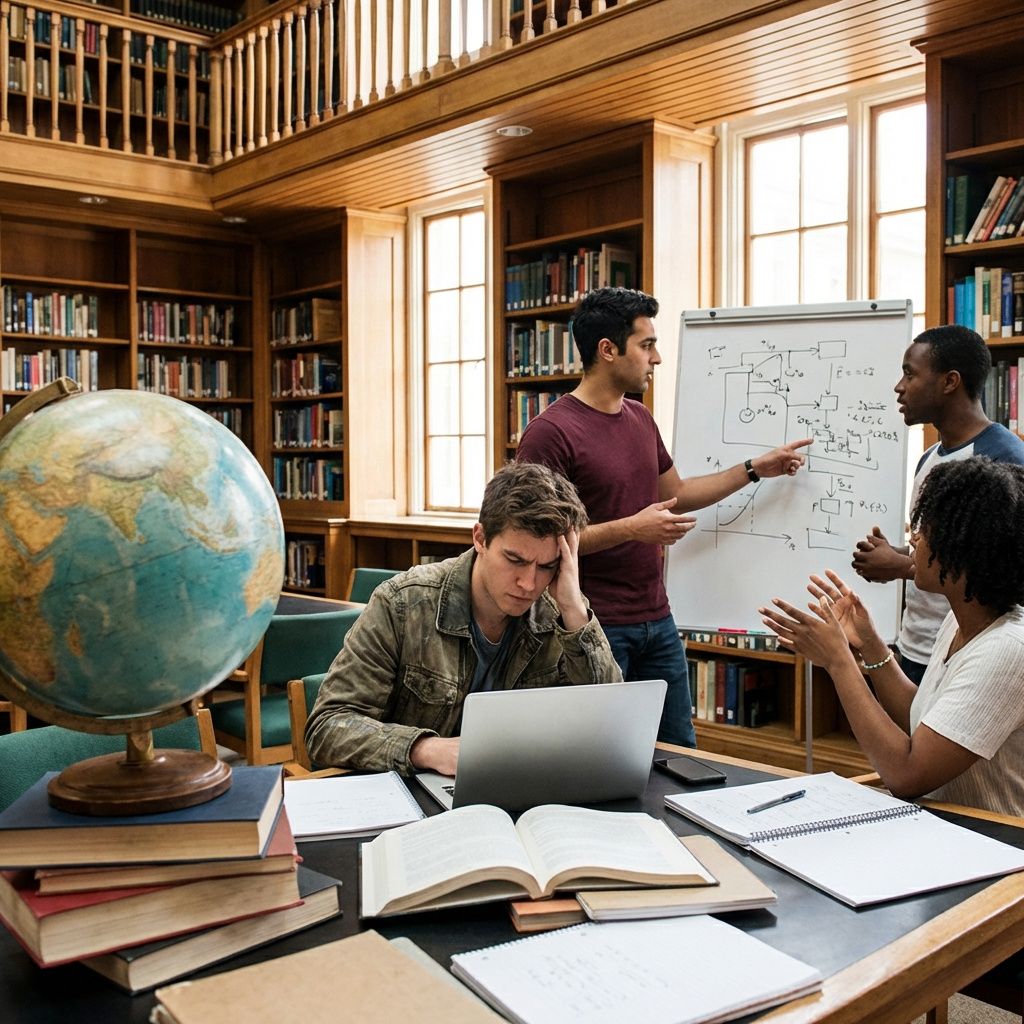En gruppe studerende arbejder sammen i et bibliotek med laptop og bøger.